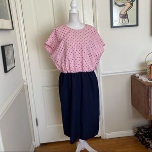 70s Vintage Pink + Blue Polka Dot Plus Size Dress
